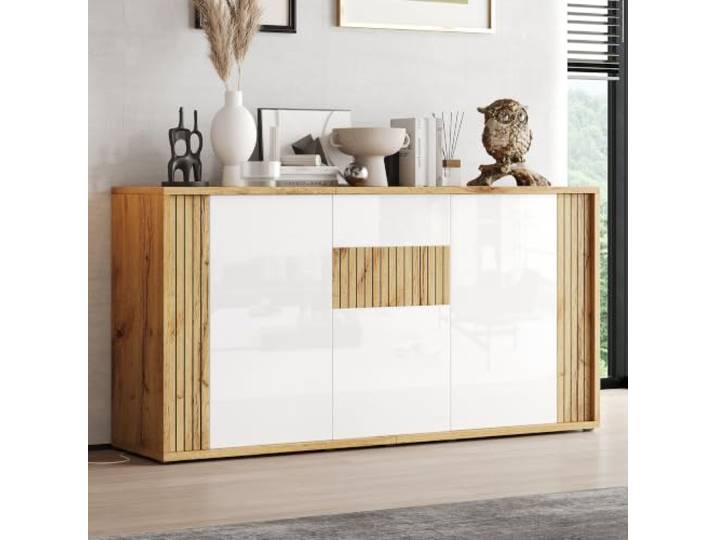 VILUXE Sideboard 140 cm Hochglanz 3 Türen Push-to-Open Weiß Natur Modernes Sideboard mit 3 grifflosen Türen, 6 Staufächern, Push-to-Open, Hochglanzfront und strukturierter Holzoptik