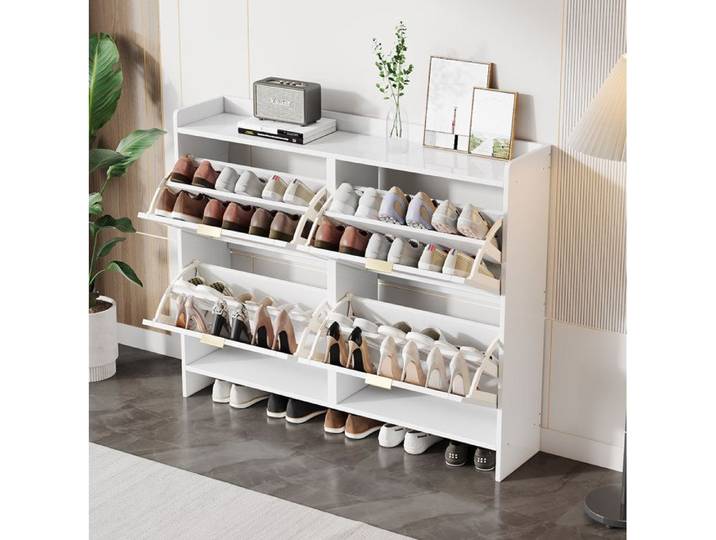 Modenuit meuble à chaussures 110 x 24 x 90 cm avec 4 abattants rangements ouverts blanc