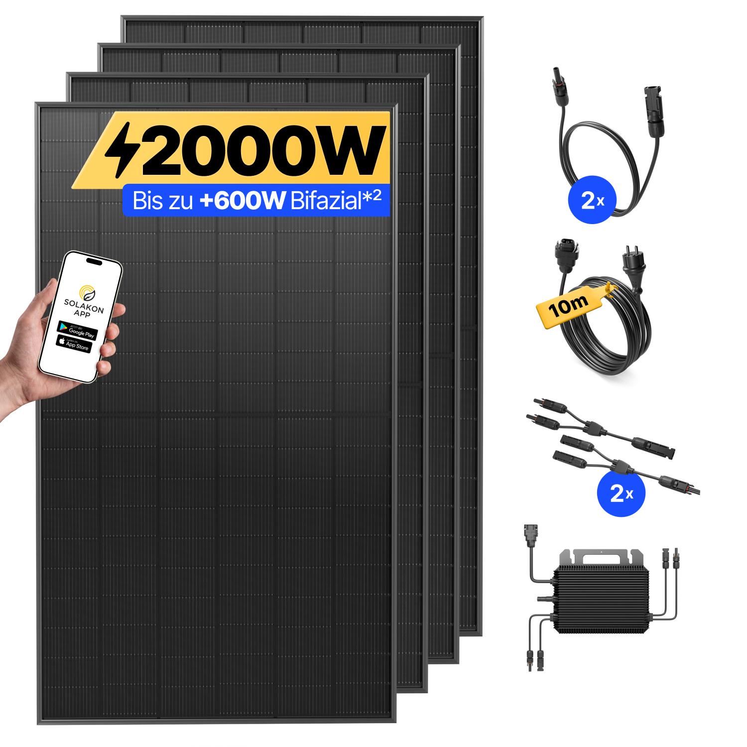 Balkonkraftwerk 2000W Solaranlage Steckerfertig Komplettset Photovoltaik Anlage 800W, Kabellänge: 10m, Solakon - onPower