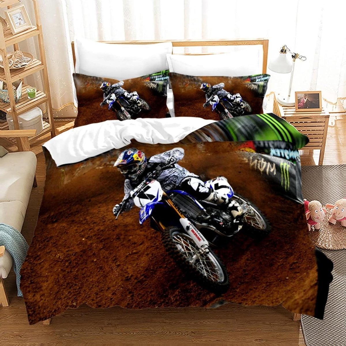 Dekbedovertrek Set met Motocross Print en Verborgen Ritssluiting, 135 x 200 cm