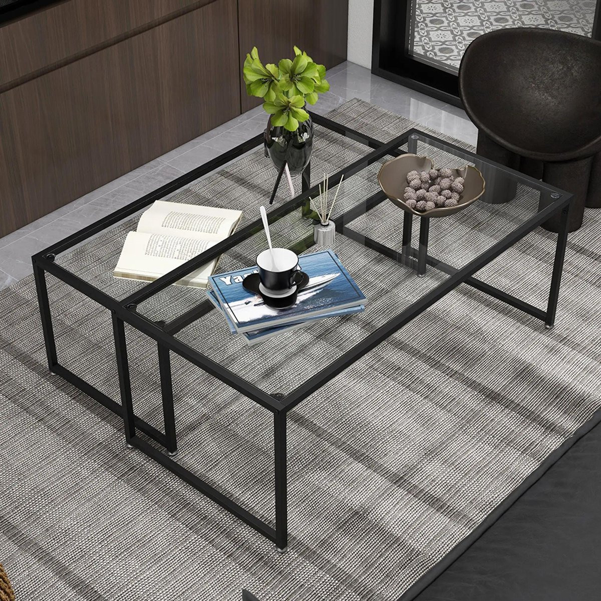 Sweiko Salontafel Set van 2 met Glazen Tafelblad en Stalen Frame - Zwart