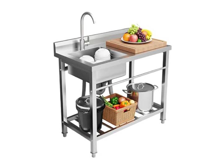 Freistehend Edelstahl Waschbecken mit Wasserhahn&Nterschrank, 80x55x84cm Einzelbecken Gewerbliche Spültisch Multifunktionswaschtisch Handelsrestaurant Küchenspüle, 100kg Tragfähigkeit für Küche Wäsche