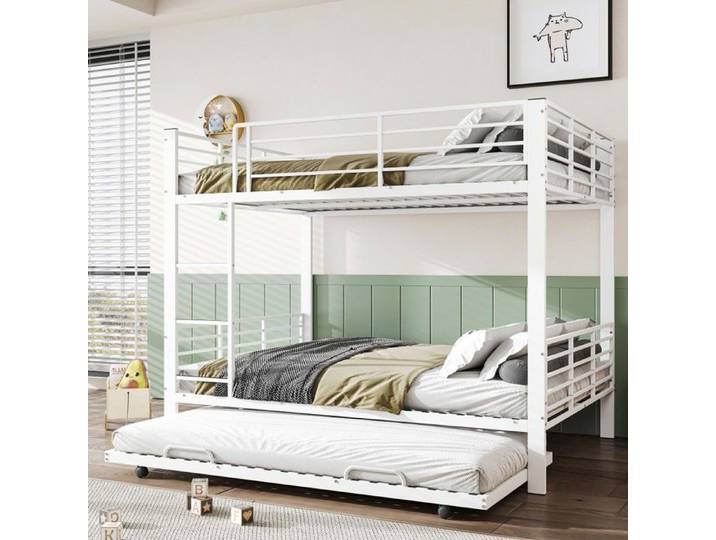 Lit Superposé Métallique Blanc 140x200cm Triple avec Lit Gigogne 3 Couchages Chambre Enfant Sans Matelas