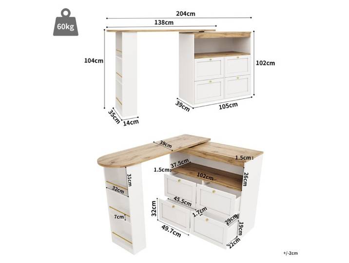 Buffet haut rotatif 360° en L avec 4 tiroirs et étagères ouvertes meuble rangement MDF blanc aspect bois ORVRYN