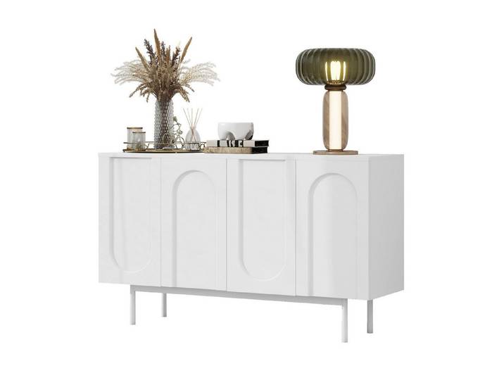Odikalo Sideboard Modern minimalistisches reinweißes Sideboard mit 4 Türen Weiß, 140 L x 42B x 80H(cm)