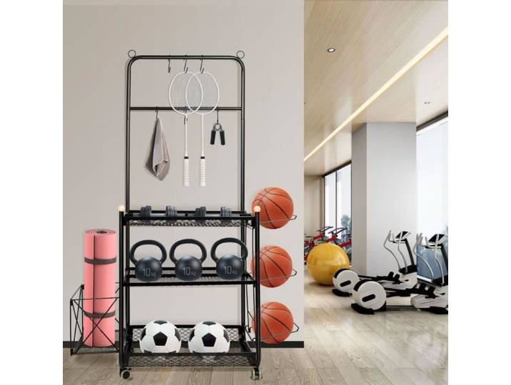 HOMEWELL - Meuble étagère porte-équipements sportifs - Noir - Acier au carbone - Hauteur : 145 cm