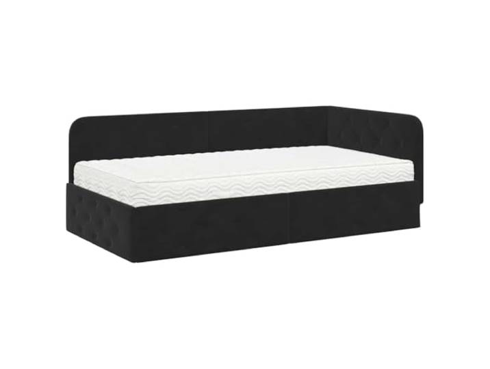 PUGYNBK Eck-Bettgestell in Schwarz, 90 x 190 cm, Samt L-Design, wendbares Kopfteil, Schlafsofa, feste Lamellen, Sperrholz