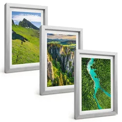 BILDER SET 3er Set - 20x30 cm Silberner Rahmen - Grüne Berge, Flussfelsen