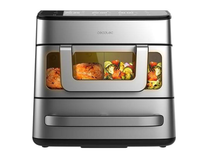 Cecotec Friteuse à Air et Four - Air Fryer 18L Cecofry FoodCourt 18000 4Pizza. 2700W\, Four 12\ \, Temp. Max. 230ºC\, 9L Paroi Divisoria et 200ºC\, Fonction Sync\, Pierre à Pizza\, Écran Couleur\, Acier Inox