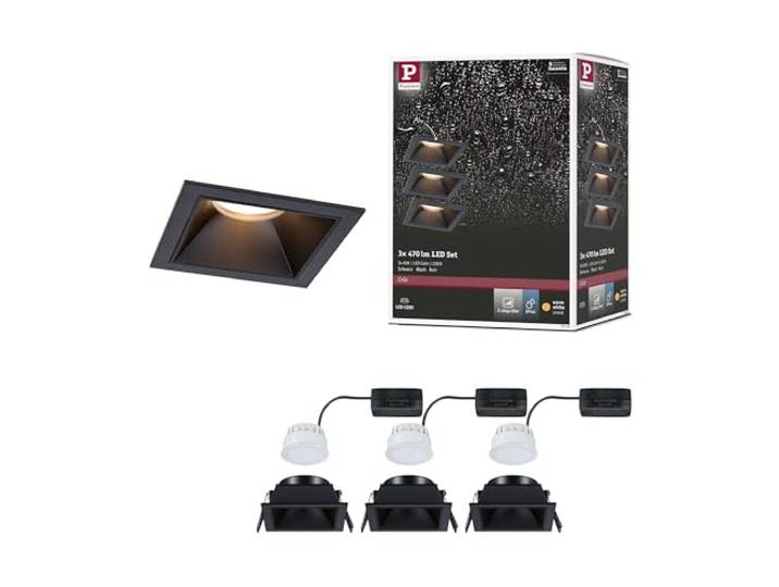 Paulmann 93125 Spots encastrés LED 3-Step-Dim Cole IP44 carré 88x88 mm Coin 3x6W 3x470lm 230 V 2700 K Noir