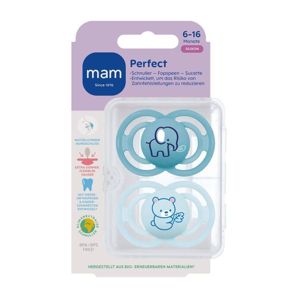 MAM Perfect Fopspeen Silicone Blue 6-16 2 St Schnuller