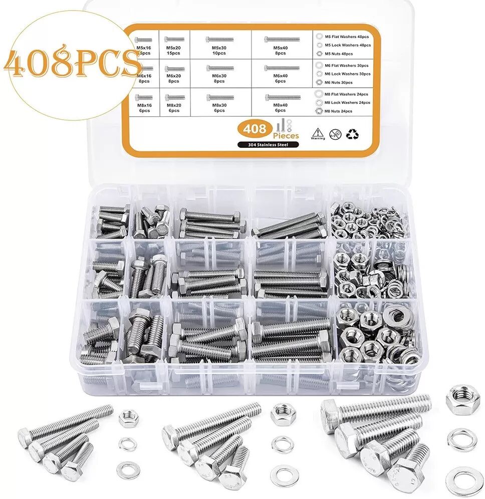 INF Kit d'assortiment de boulons et écrous hexagonaux en acier inoxydable 408 pièces - M5 M6 M8