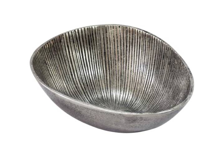 WOHNLING Coupe à fruits 30 x 24 x 10 cm Aluminium Argent Fait main petite déco de table pour fruits\, coupe à fruits bombée design rainuré\, corbeille à fruits\, bol métal stable ovale