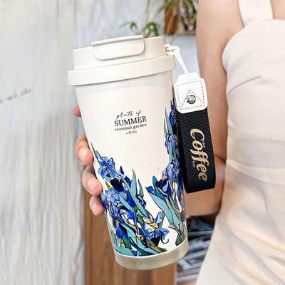 Uplifted Finds 500ml Flower Pattern Insulated Coffee Cup Stainless Steel Double Wall Vacuum Travel Mug blue Iris Flower