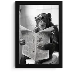 POSTER MIT RAHMEN Affe - WC - Zeitung - Schwarz-Weiß - Humor Poster 20x30 cm