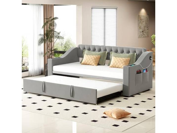 Merax Tagesbett Polsterbett Schlafsofa Einzelbett/Doppelbett 90/180x190 cm, Grau– Breite Armlehnen mit USB-Ladeanschluss, Integrierte Ablage, Lattenrost, Samtstoff - ohne Matratze