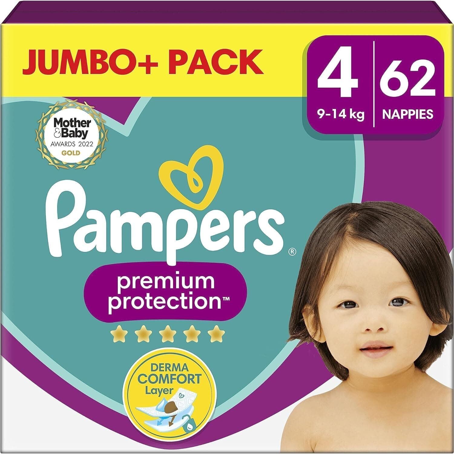 Pampers Premium Protection Size 4, 62 Nappies, 9kg - 14kg, Jumbo+ Pack, Pampers Comfort & Protection For Sensitive Skin