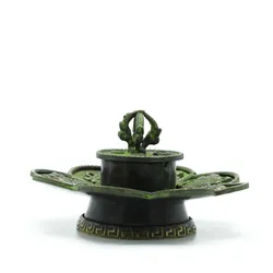 Brass Verdigris Tibetan Cone & Incense Holder - Eight Symbols