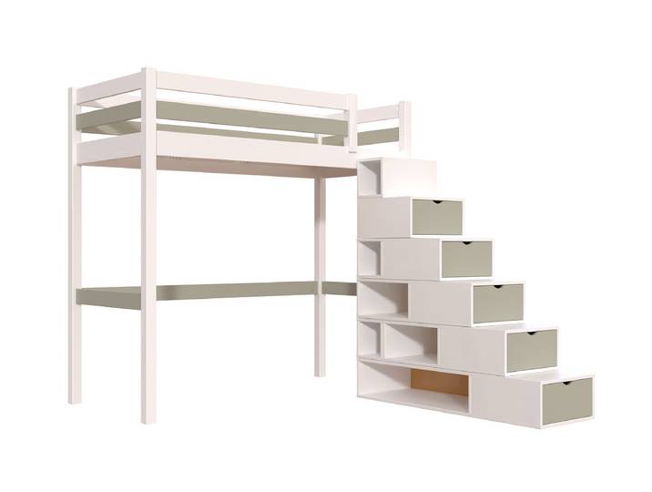 Lit mezzanine bois 90x200 Sylvia avec escalier cube 90x200 Blanc/Moka