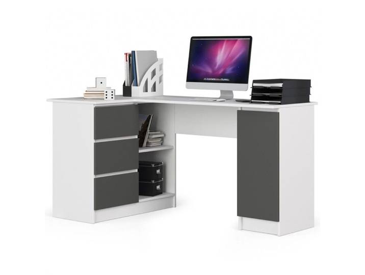 Bureau AKORD d'angle gauche B20 Blanc 155 cm 1 porte 3 tiroirs façade Gris Graphite 4 étagères 155x85x77 cm
