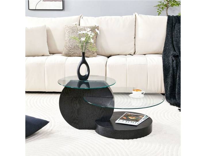 Table basse - WESTYLE - 2 niveaux - Verre de sécurité - MDF effet bois noir - 90x70x44 cm