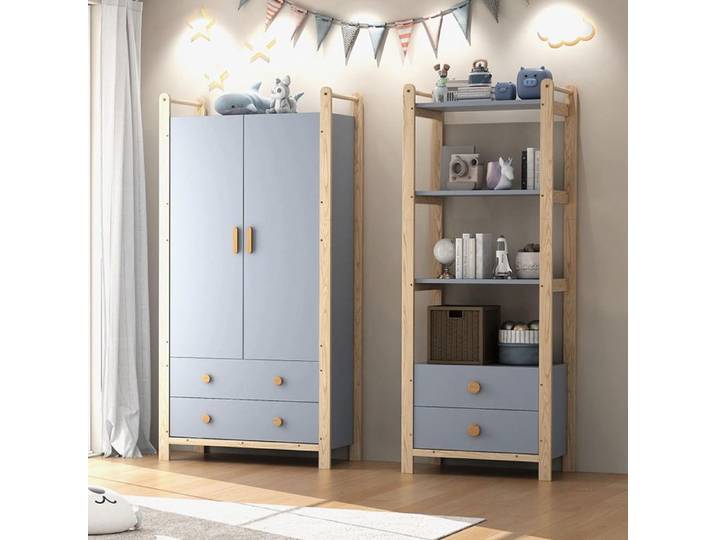 Armoire double portes + étagère bleu+bois naturel