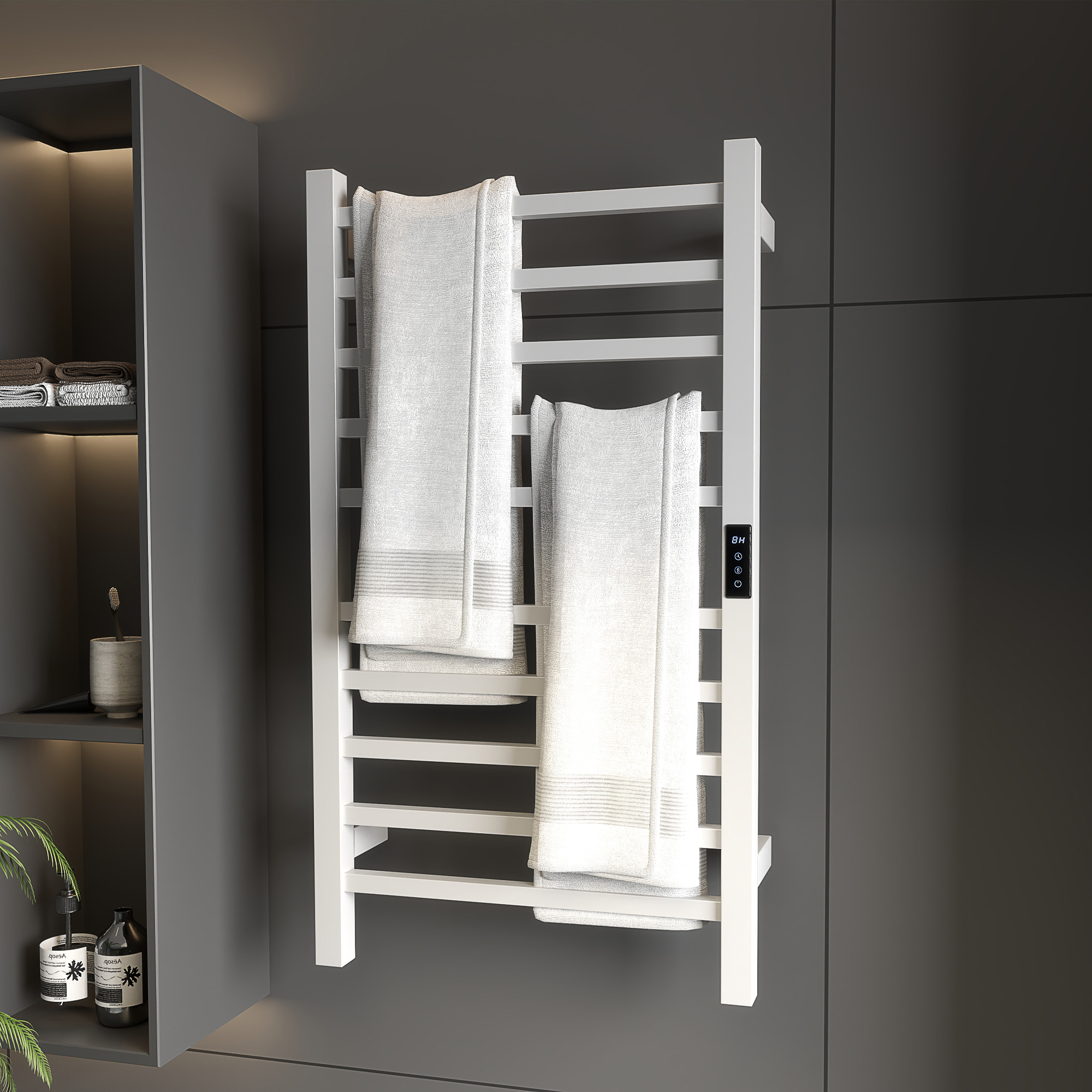 Homcom Scaldasalviette Elettrico Smart a 10 Barre con Timer e Display LCD, in Acciaio Inox, 45x11x80 cm, Bianco