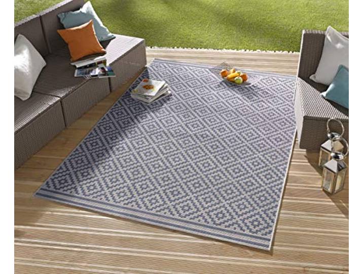 NORTHRUGS In- und Outdoor Teppich Raute 160x230cm - Wetterfest Modern Geometrisches Raute Muster Allover Design Läufer für Balkon Terrasse Garten Wintergarten Wohnzimmerteppich Wasserfest Blau Creme