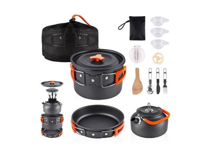 LuxusKollektion Geschirr-Set Kochgeschirr Set Camping 12tlg Aluminium Orange, Metall
