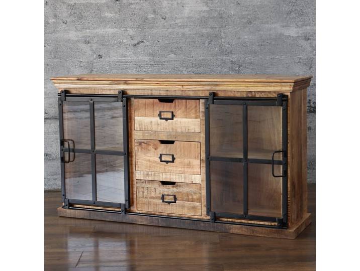Sideboard 150cm breit FINE Massivholz & Eisen rustikal Glastüren Design