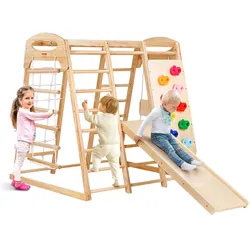 VEVOR Indoor Klettergerüst 7 in 1 Spielplatz für Kleinkinder, 120 x 109 x 121 cm, mit Holz- und Strickleiter Netzleiter Schaukel Klettergerüst Rutsche Kletterwand, Holz-Kletterspielzeug für Kinder