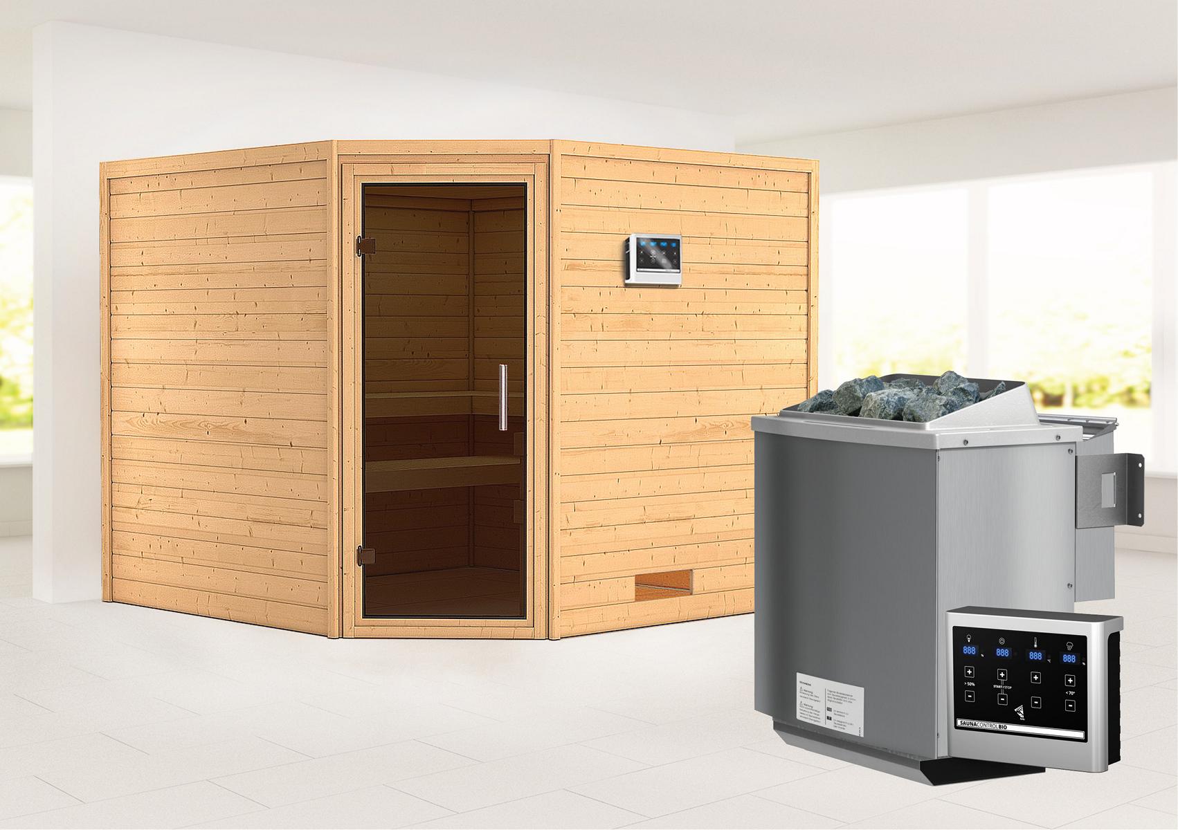 KARIBUHOLZT MH Leona Eck, 9kW Bio ext.Strg graphitfarbende Ganzglastür 16880819