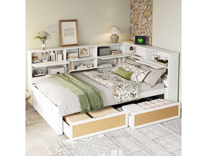 Lit double multifonctionnel - Canapé-lit - 140x200 cm - Bois massif - 2 tiroirs - Blanc