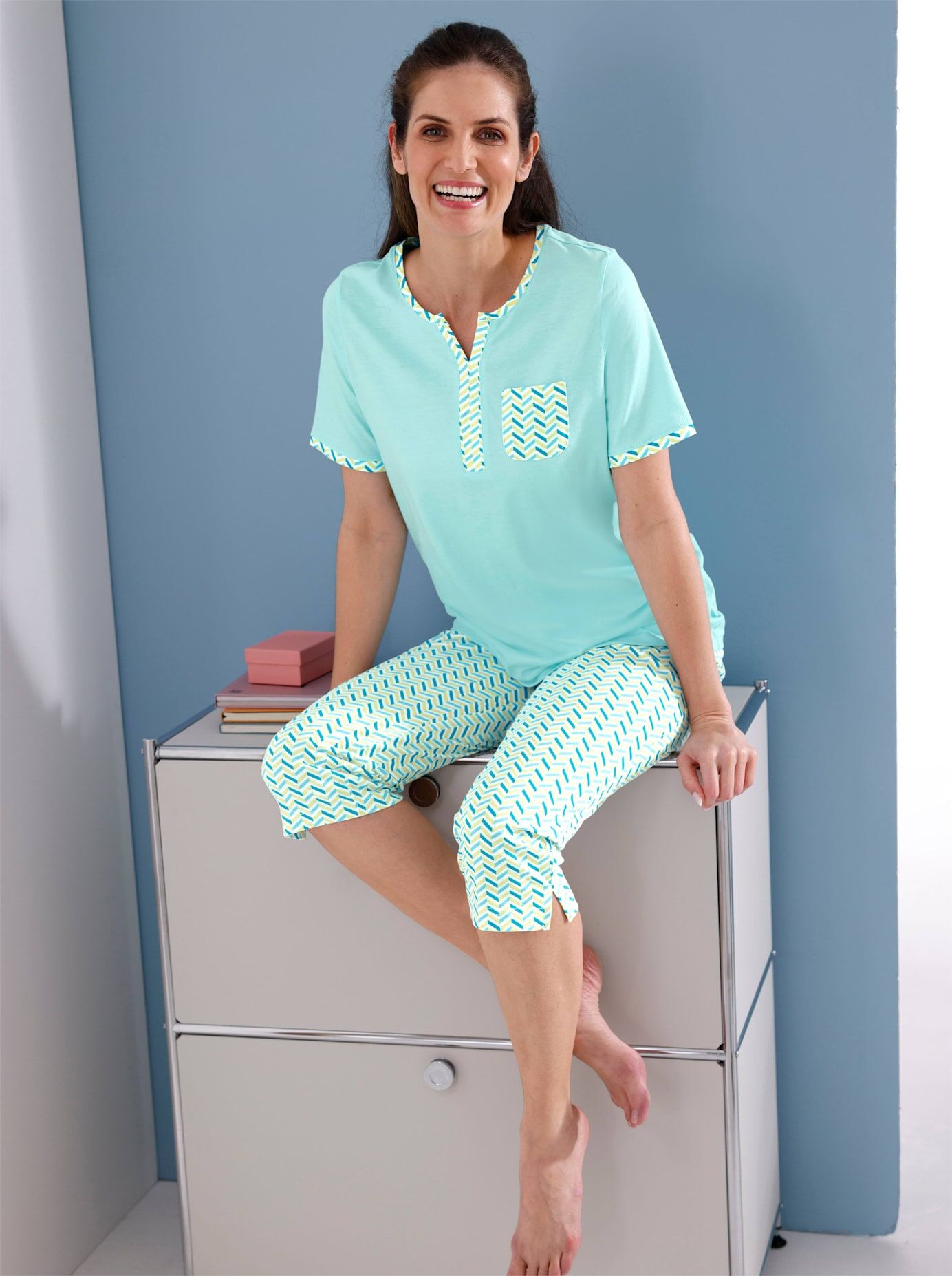 Capri-Pyjama WÄSCHEPUR, Damen, Gr. 52/54, blau (aquamarin, weiß, bedruckt), 100% Baumwolle, Homewear-Sets Capri-Pyjama aquamarin, weiß, bedruckt 52/54