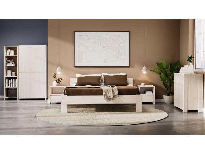 Naturwohnen Schlafzimmer Set aus Massivholz Naturweiß Arbor Bett+Nachttische+Kommode+Kleiderschrank+Regal mit bioola® colour veredelt