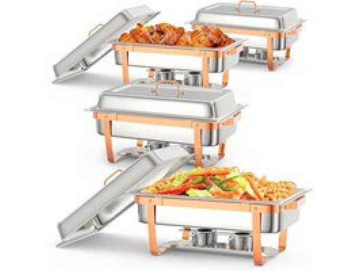 Lot de 4 Chauffe-Plats Buffets Chauffants Plat-Réchaud Set Professionnel 9L avec Cadre Pliable pour Fêtes Mariages Pique-Niques