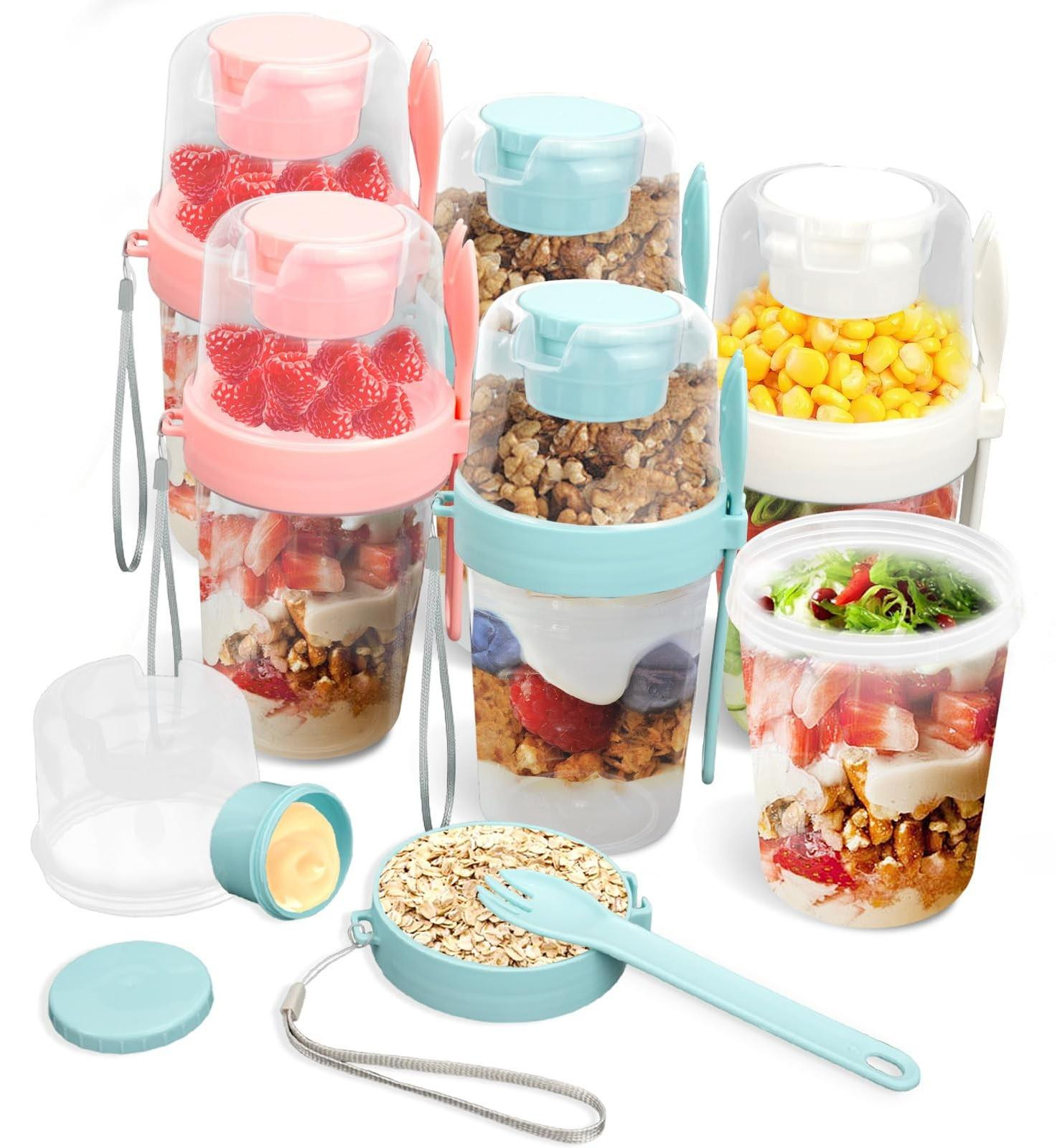 Merkloze set van 6 cereal cups met lepel voor onderweg