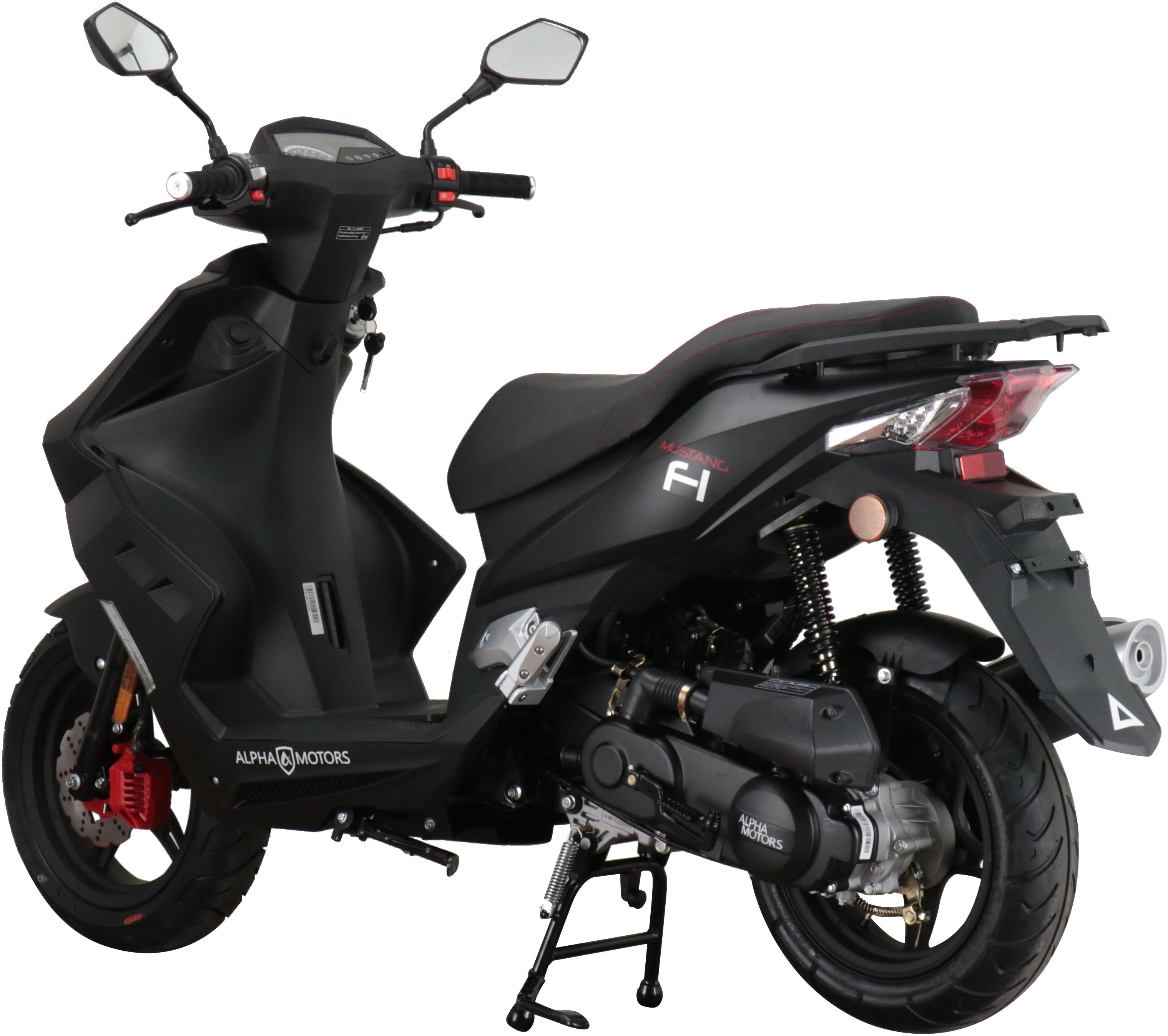 Motorroller ALPHA MOTORS "Mustang FI", schwarz (mattschwarz), Motorroller, 25 km/h, mit USB-Anschluss und Lenkerschloss, sportliches Design, B:67cm H:114cm L:193cm