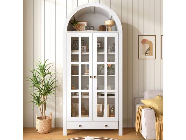 HOMVRA Vitrine armoire haute arche arrondie 75 x 35 x 170 5 cm MDF blanc 1 tiroir 2 portes transparentes