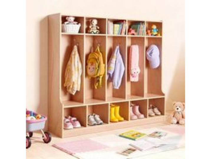 VEVOR Offener Kinderkleiderschrank aus Holz, Kindergarderobe mit 10 Haken & 15 Fächern (5 Groß + 10 Klein), Garderobenregal & Aufbewahrungsregal für Kinderzimmer Zuhause Kindergarten Kita