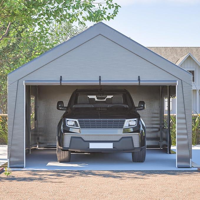 Zeltgarage Carport, 6x4x3m Garagenzelt Winterfest, Rolltüren & Belüfteten Fenstern, Weidezelt, Lagerzelt, Garage Unterstand, Garagenüberdachung für Auto, SUV, LKW, Boot (Grau, 6x4x3m)
