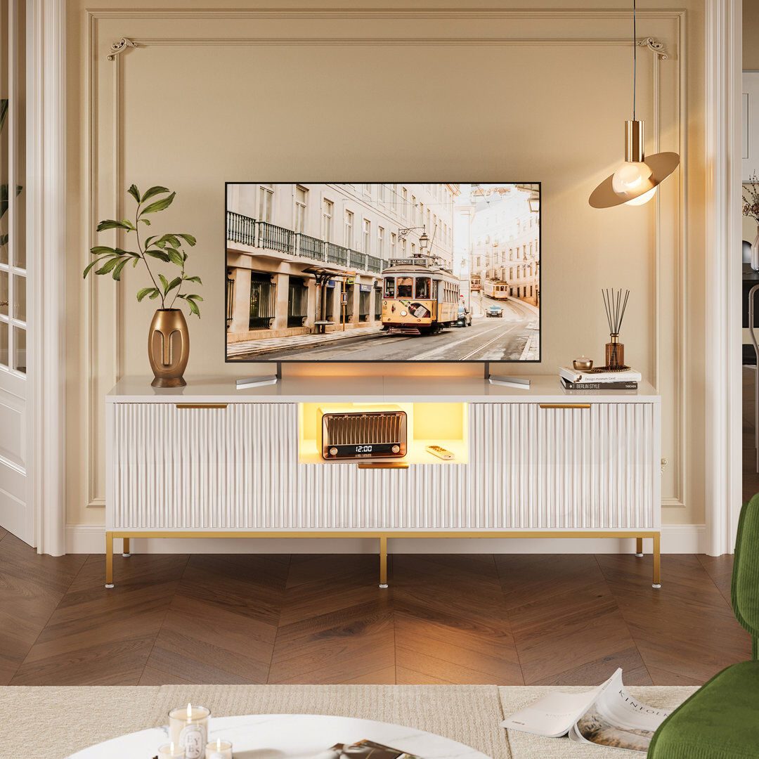 Fairmont Park Fluted TV Stand, Glossy Media Console with Wave Pattern Buffet Cabinet White 54cm H x 140cm W x 35cm D