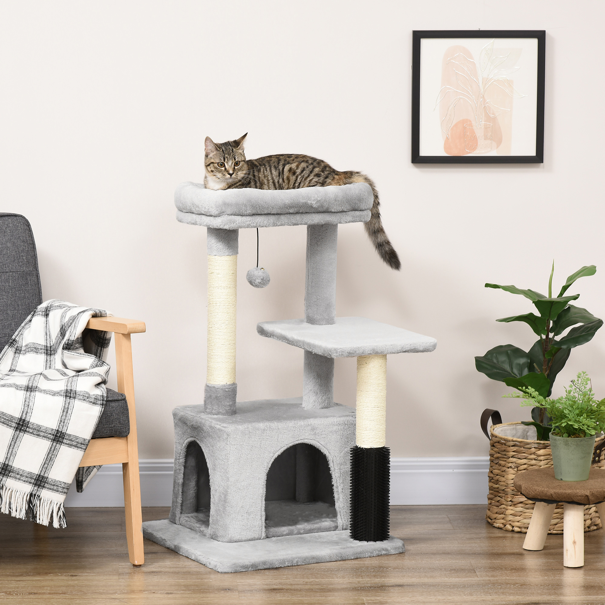 Pawhut Albero Tiragraffi per Gatti Multilivello con Lettino e Casetta, Rivestimento in Peluche, Grigio Aosom