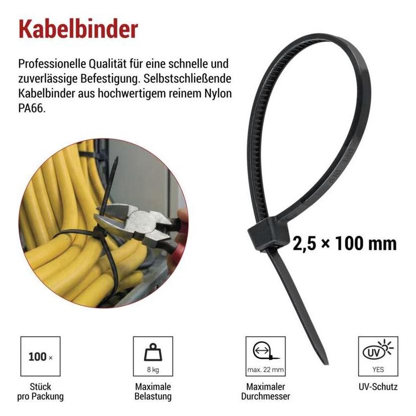 Emos Kabelbinder 100×2,5, schwarz, 100 Stk (Kunststoffkabelbinder, 100 mm, 100 Stk.) (70415924)