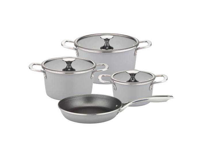 GSW Kochtopfset, Hellgrau, Metall, 4-teilig, backofengeeignet, kratzfest, hitzebeständige Griffe, hitzebeständig, geschmacksneutral, optimale Wärmeverteilung, leichte Reinigung, schadstofffrei gemäß EU-Standards,backofengeeignet, Kochgeschirr, Töpfe, Topfsets