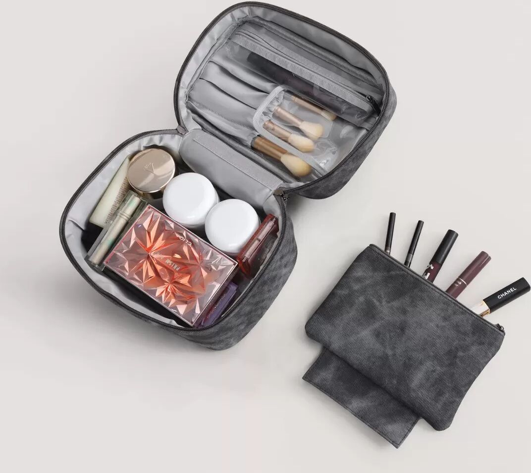 INF Graue PU Leder Doppel-Layer Kulturtasche - Tragbarer Reise-Make-up-Organizer
