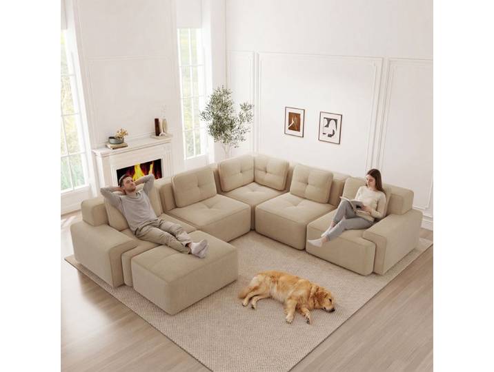 Canapé modulaire moderne 295 cm 6 places canapé d'angle en U avec pouf assemblage libre velours côtelé sans assemblage beige