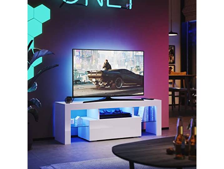 SUNXURY TV Lowboard Weiss Hochglanz mit RGB LED-Beleuchtung 130 x 45 x 35 cm(B/H/T)