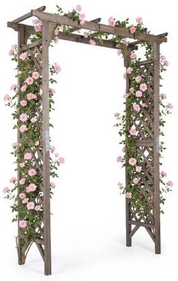 "Costway Flat Top Garden Arch with Gate 85"" Tall Wood for Climbing Plants and Wedding-Brown"