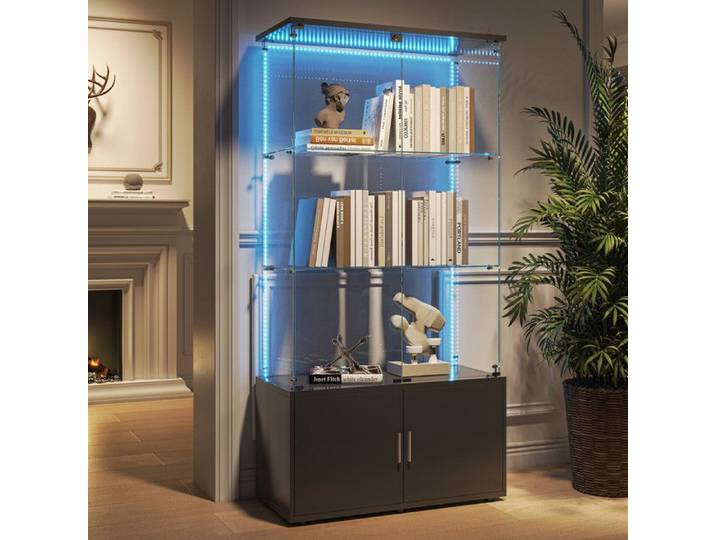 Vitrine en verre avec LED Armoire Vitrine vitrine pour collection Vitrine meuble de rangement pour salon bureau noir